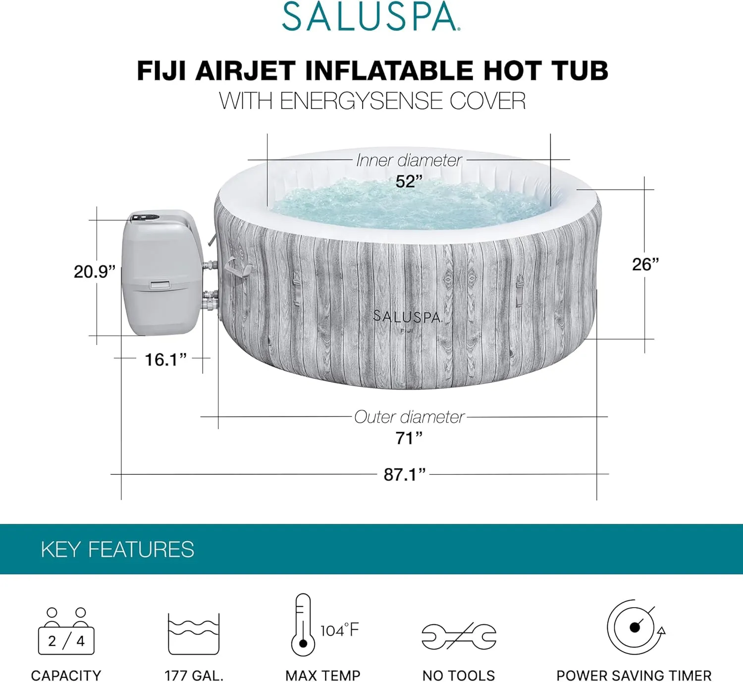 Bestway SaluSpa Fiji AirJet Large Round 2 to 4 Person Inflatable Hot Tub Portable Outdoor Spa with 120 AirJets and EnergySense Cover, Grey