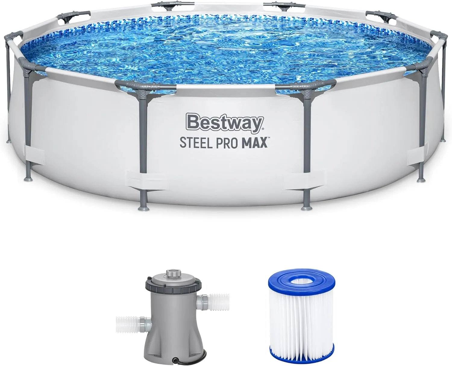 Bestway Steel Pro MAX 10 Foot x 30 Inch Round Metal Frame Above Ground Outdoor Backyard Swimming Pool Set with 330 GPH Filter Pump