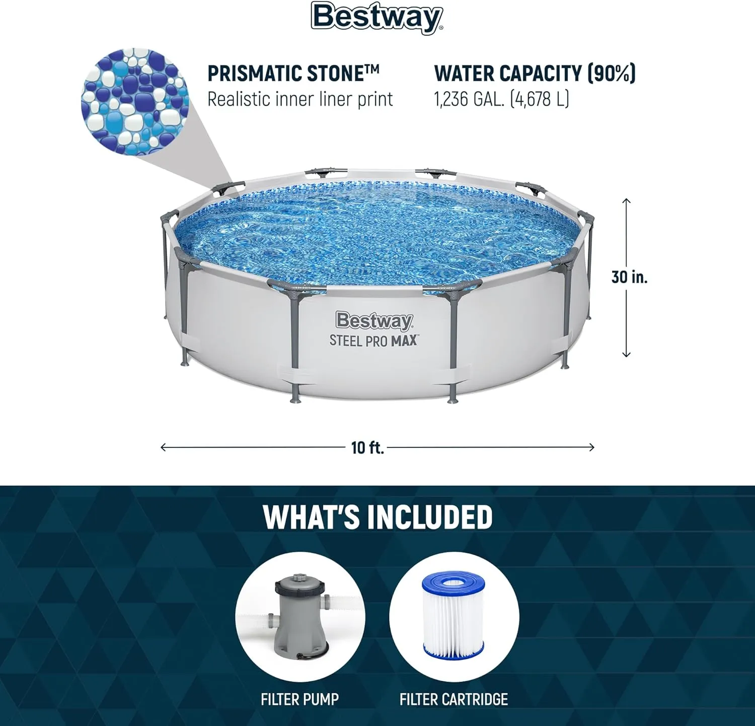 Bestway Steel Pro MAX 10 Foot x 30 Inch Round Metal Frame Above Ground Outdoor Backyard Swimming Pool Set with 330 GPH Filter Pump