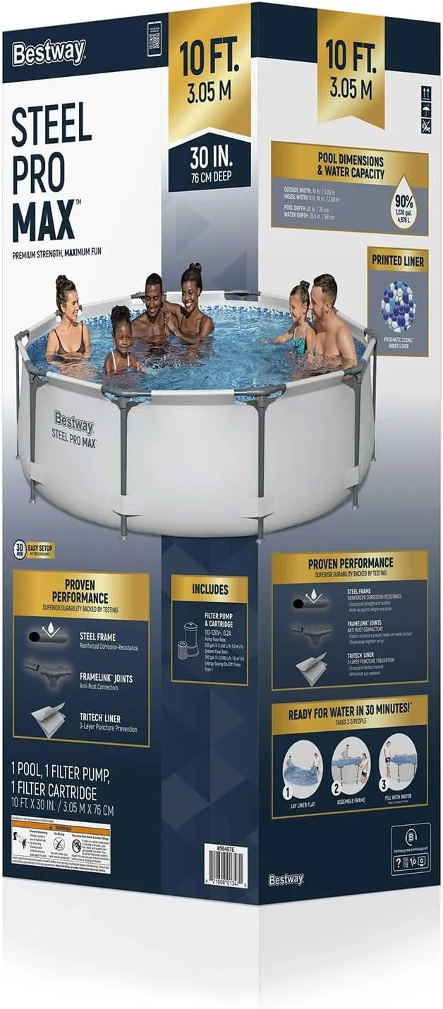 Bestway Steel Pro MAX 10 Foot x 30 Inch Round Metal Frame Above Ground Outdoor Backyard Swimming Pool Set with 330 GPH Filter Pump