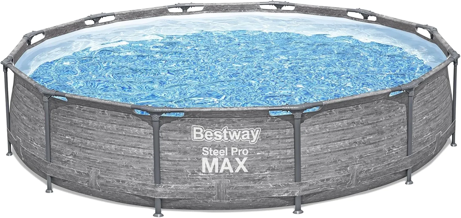 Bestway Steel Pro MAX 12' x 30" Round Above Ground Swimming Pool Set Outdoor Metal Frame Family Pool with Liner and Filter Pump, Gray