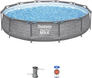Bestway Steel Pro MAX 12' x 30" Round Above Ground Swimming Pool Set Outdoor Metal Frame Family Pool with Liner and Filter Pump, Gray
