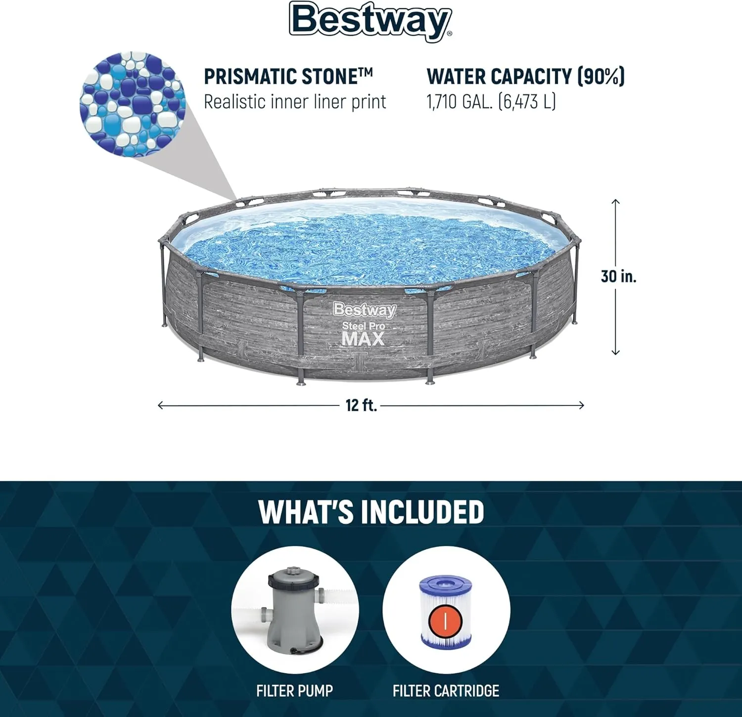 Bestway Steel Pro MAX 12' x 30" Round Above Ground Swimming Pool Set Outdoor Metal Frame Family Pool with Liner and Filter Pump, Gray