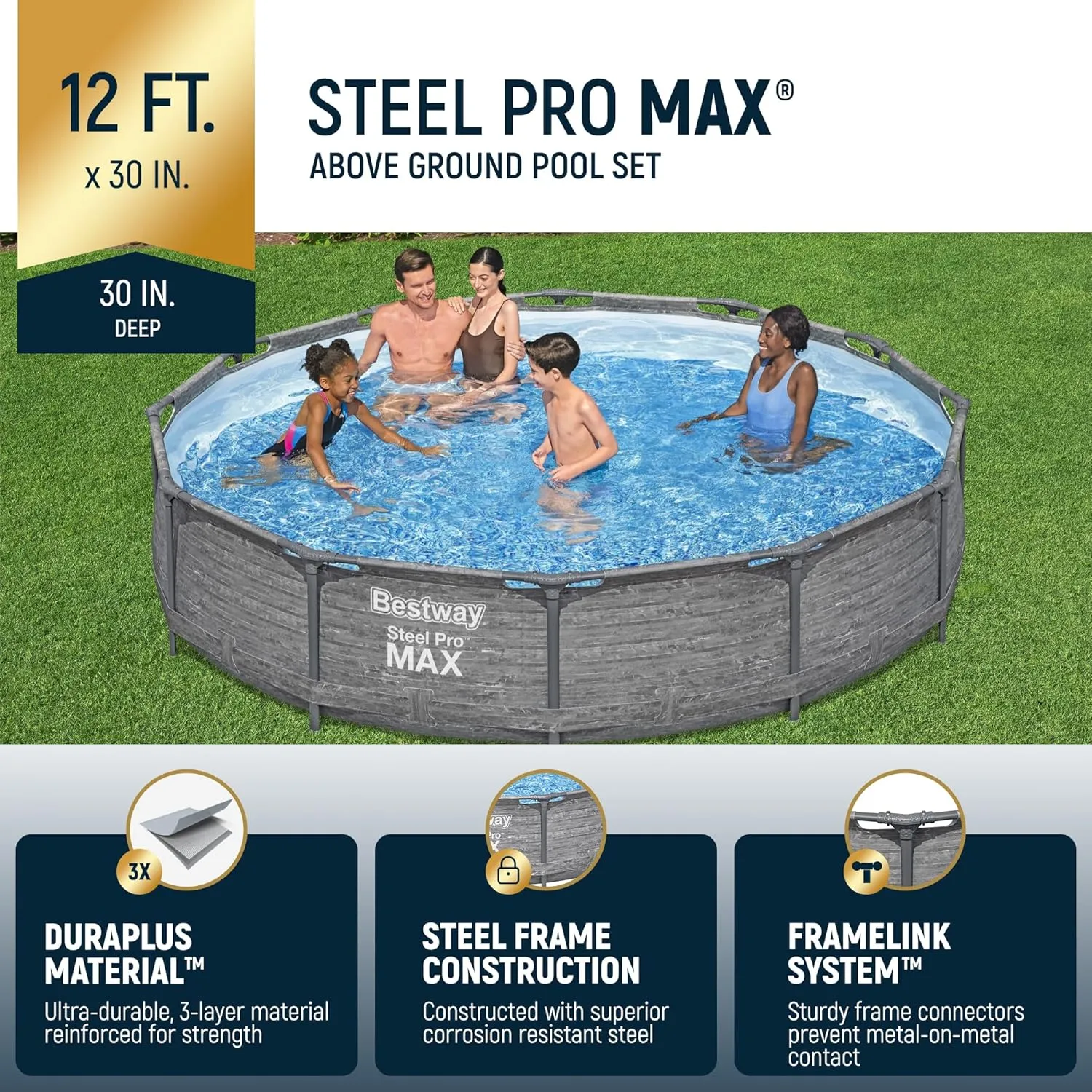 Bestway Steel Pro MAX 12' x 30" Round Above Ground Swimming Pool Set Outdoor Metal Frame Family Pool with Liner and Filter Pump, Gray