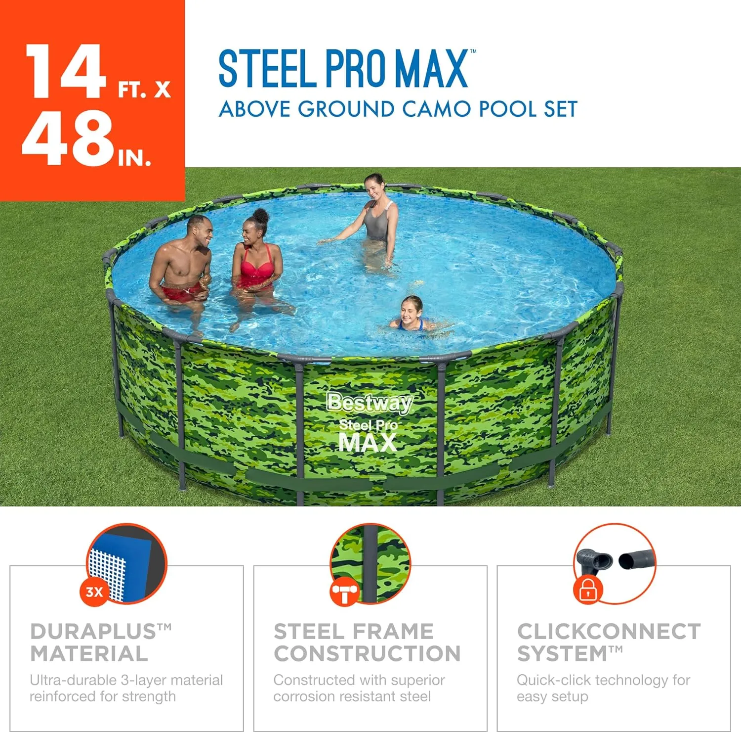 Bestway Steel Pro Max 14'x48 Camo Pool Set | Durable Construction, Easy Assembly, and All-Inclusive Accessories - Above Ground Pool Set with Filter Pump, Ladder, and Pool Cover - No Tools Required!