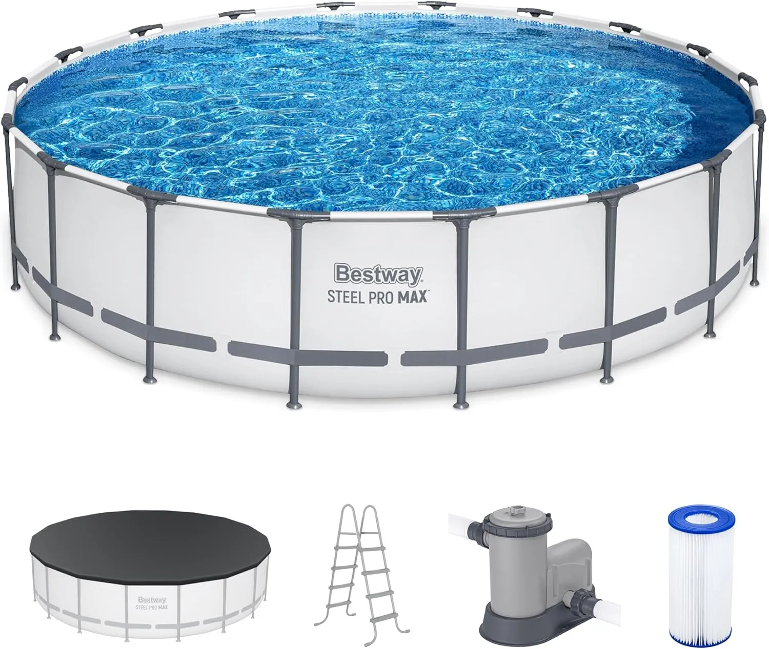 Bestway Steel Pro MAX 18 Foot x 48 Inch Round Metal Frame Above Ground Outdoor Swimming Pool Set with 1,000 Filter Pump, Ladder, and Cover