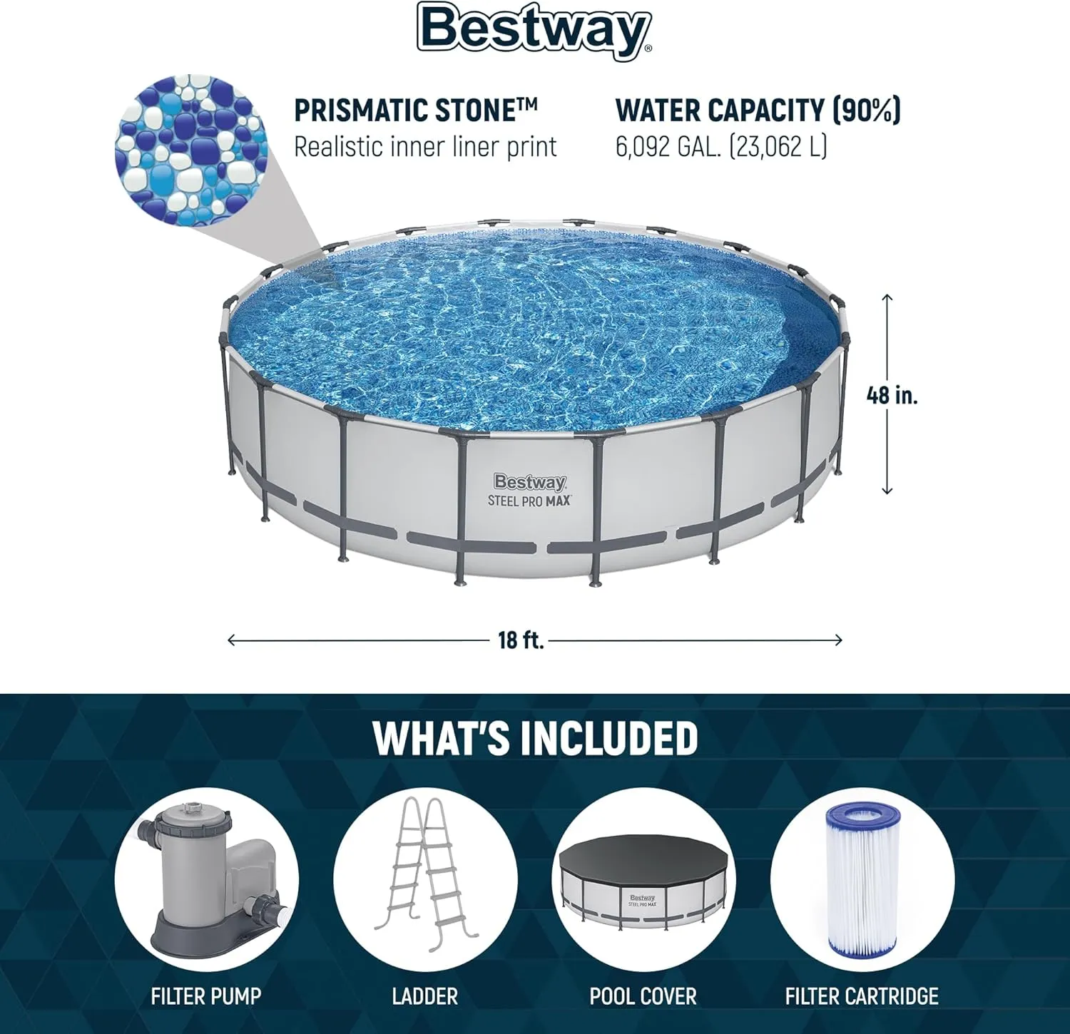 Bestway Steel Pro MAX 18 Foot x 48 Inch Round Metal Frame Above Ground Outdoor Swimming Pool Set with 1,000 Filter Pump, Ladder, and Cover