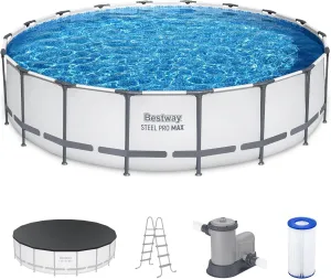 Bestway Steel Pro MAX 18 Foot x 48 Inch Round Metal Frame Above Ground Outdoor Swimming Pool Set with 1,000 Filter Pump, Ladder, and Cover