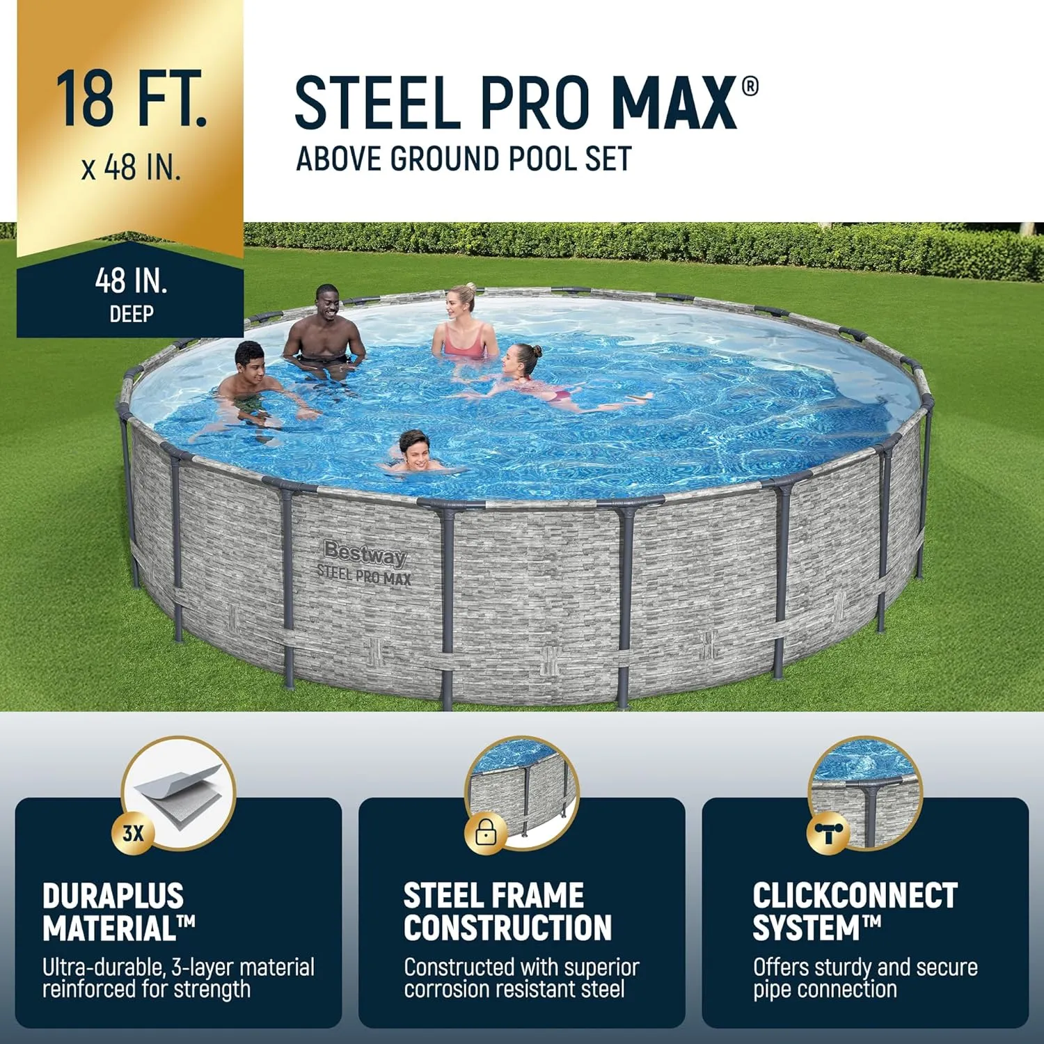 Bestway Steel Pro MAX 18 Foot x 48 Inch Round Metal Frame Above Ground Outdoor Swimming Pool Set with 1,500 Filter Pump, Ladder, and Cover