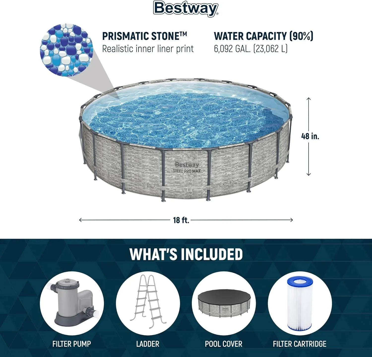 Bestway Steel Pro MAX 18 Foot x 48 Inch Round Metal Frame Above Ground Outdoor Swimming Pool Set with 1,500 Filter Pump, Ladder, and Cover