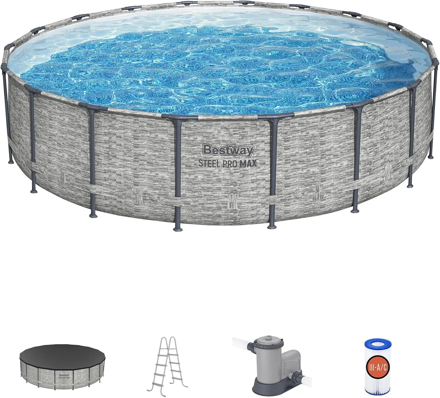 Bestway Steel Pro MAX 18 Foot x 48 Inch Round Metal Frame Above Ground Outdoor Swimming Pool Set with 1,500 Filter Pump, Ladder, and Cover