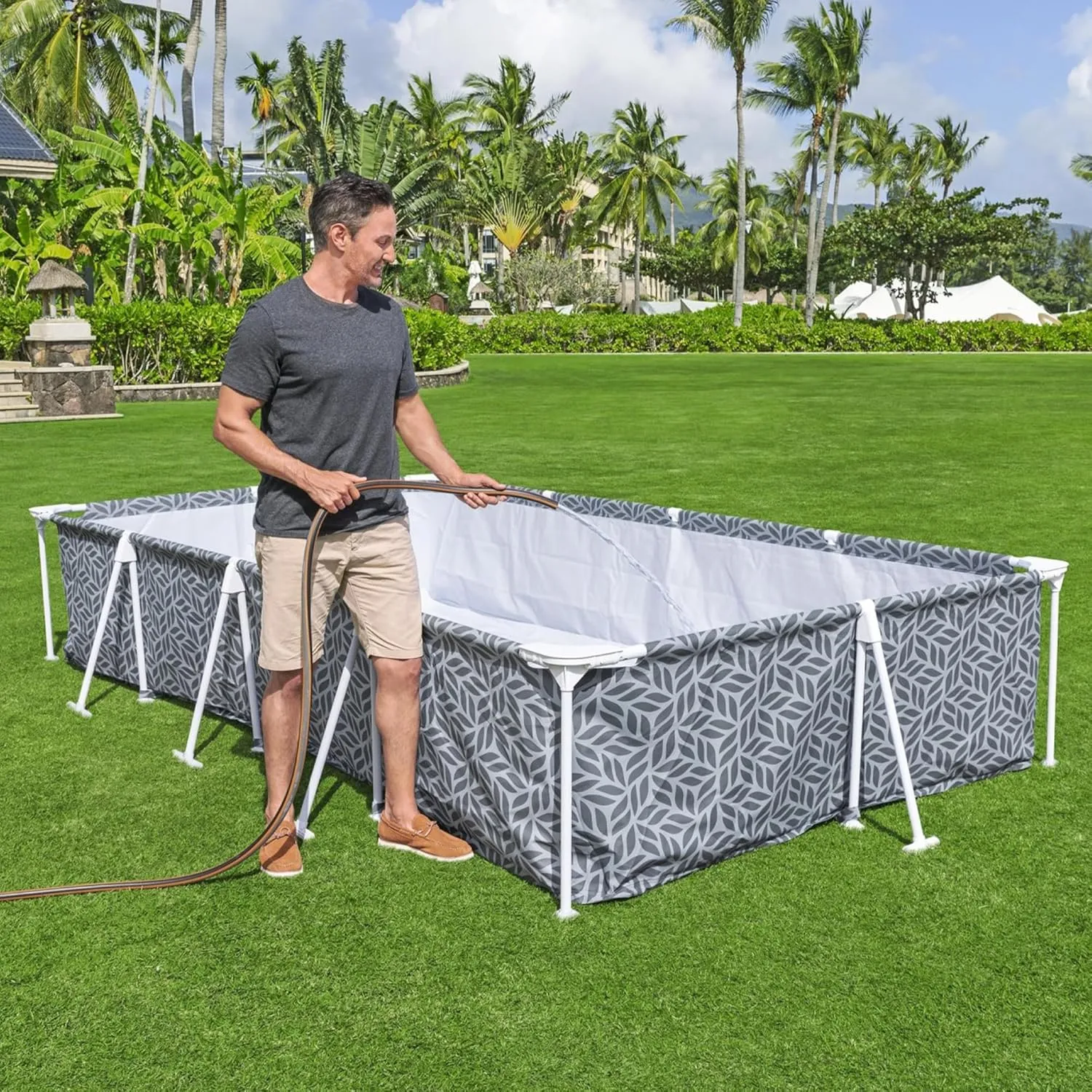 Bestway Steel Pro Rectangular Swimming Pool Above Ground Outdoor Backyard Framed Pool Set with 330 Gallon Filter Pump, 12' x 6' 7" x 26", Gray