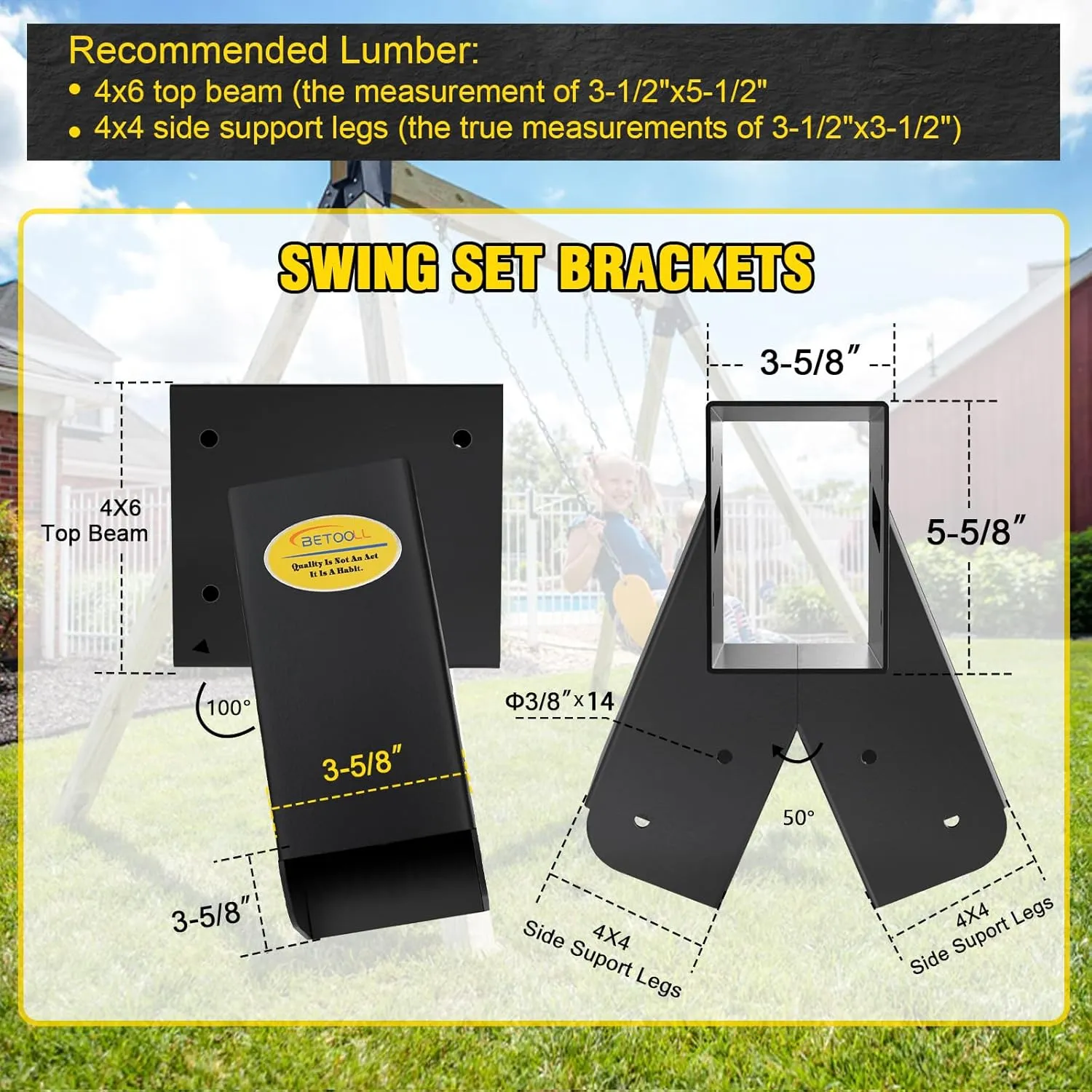 BETOOLL Swing Sets Brackets - 2 A-Frame Swing Set Brackets and 1 Middle Swing Bracket with All Mounting Heavy Duty Hardware Included - Swing Set Kit for Porch, Yard, Playground - Black