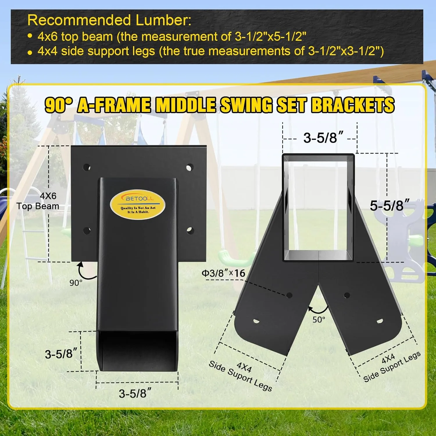 BETOOLL Swing Sets Brackets - 2 A-Frame Swing Set Brackets and 1 Middle Swing Bracket with All Mounting Heavy Duty Hardware Included - Swing Set Kit for Porch, Yard, Playground - Black