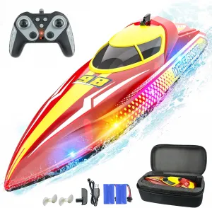 BEZGAR Remote Control Boat for Kids - 2.4GHz Fast RC Boat with LED Lights & Portable Suitcase for Pools, Lakes & Salt Water, Summer Water Toys Gifts for Boys & Girls Age 6 7 8-12 Years Old