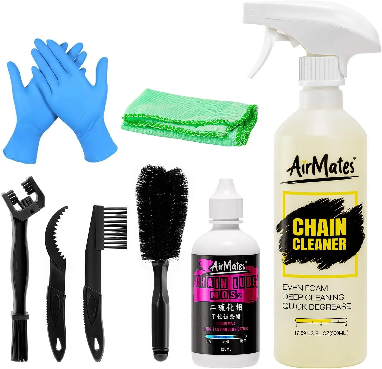 Bike Chain Cleaning Kit - Including Bicycle Chain Cleaner Degreaser, Cycling Chain Lube, Bike Cleaner Brush Tool and Gloves Suitable for MTB Ebike Road Bike and Trail Bikes
