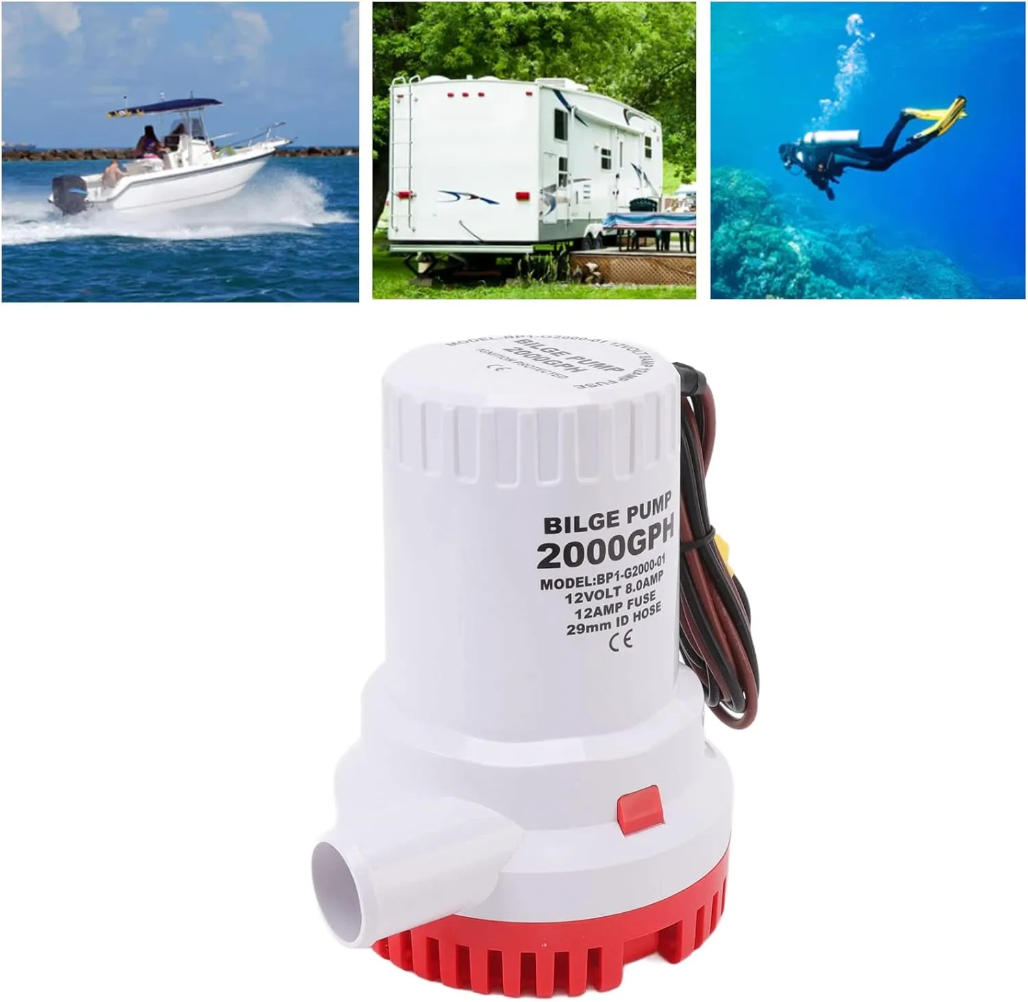Bilge Pump Marine Pump Submersible Pump 2000 GPH Silent Water Cooled Motor Easy Install Filter Unit for Pond Pool Spa Boat RV (12V)