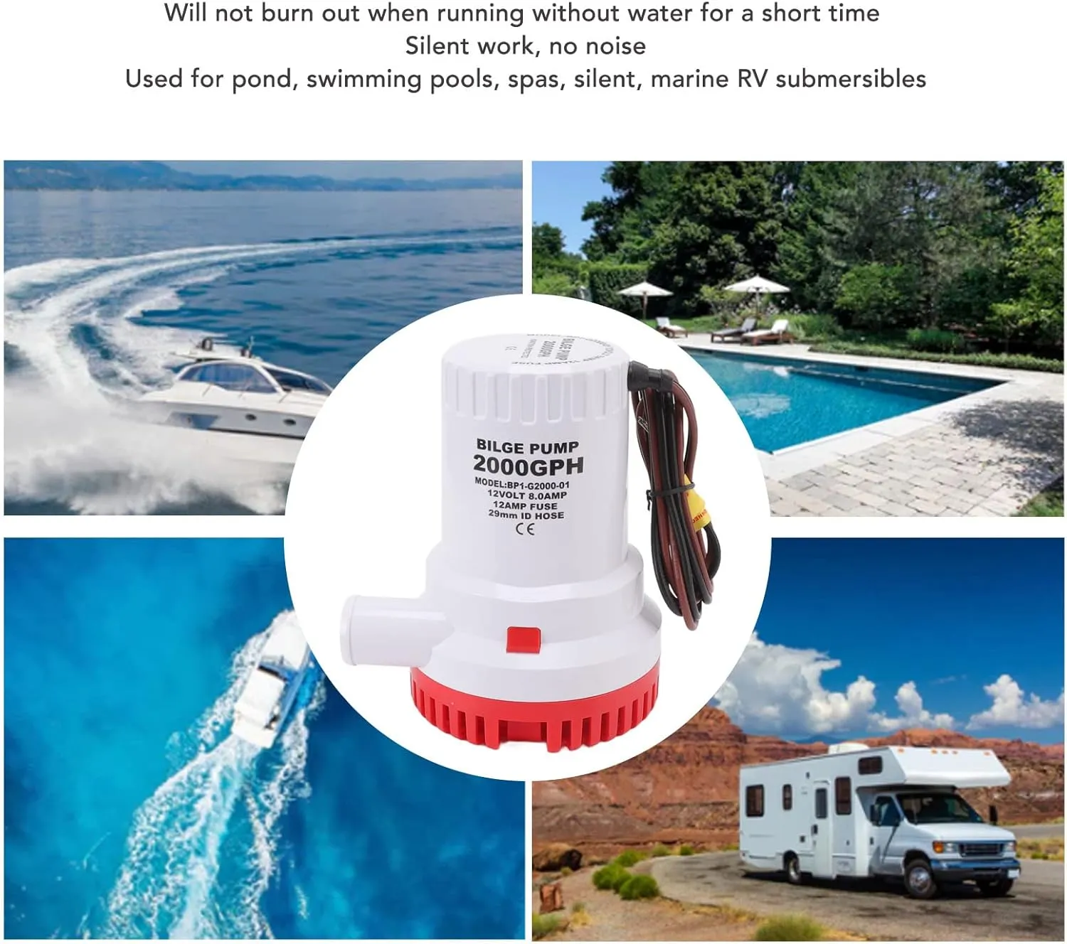Bilge Pump Marine Pump Submersible Pump 2000 GPH Silent Water Cooled Motor Easy Install Filter Unit for Pond Pool Spa Boat RV (12V)