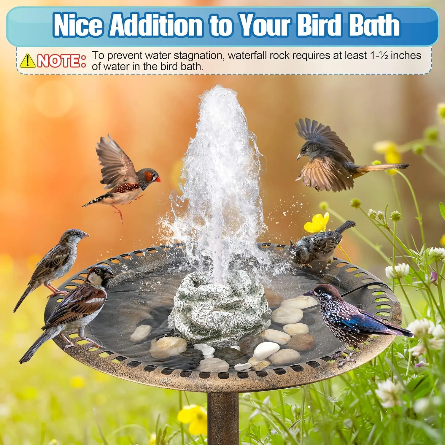 Bird Bath Fountain, Bird Bath Water Fountains with 7W Water Pump, Gray Moss Resin Granite Water Fountain Rock Waterfall for Birdbath, Bird Feeder