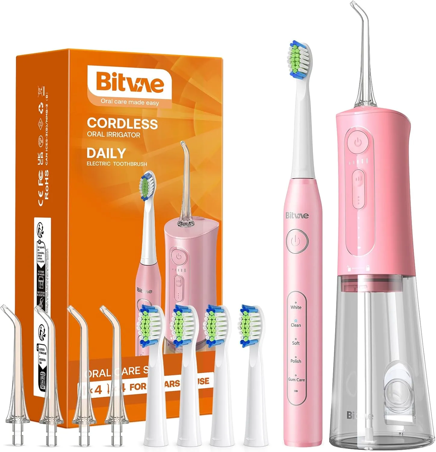 Bitvae Water Dental Flosser Teeth Picks - Cordless Portable Oral Irrigator, 5 Modes Sonic Electric Toothbrush with 3 Modes & 5 intensities Water Teeth Cleaner Combo, Quartz Pink