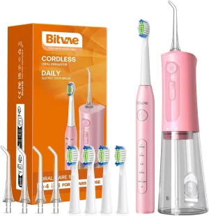 Bitvae Water Dental Flosser Teeth Picks - Cordless Portable Oral Irrigator, 5 Modes Sonic Electric Toothbrush with 3 Modes & 5 intensities Water Teeth Cleaner Combo, Quartz Pink