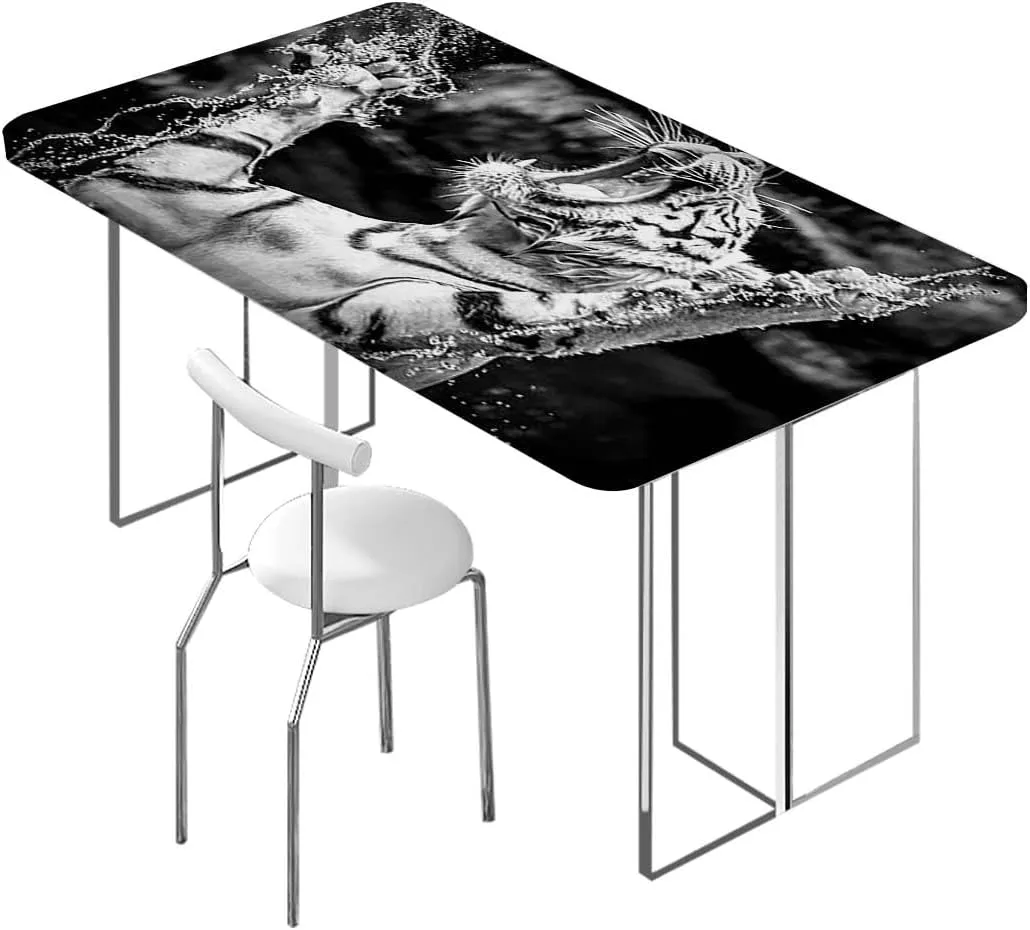 Black and White Elastic Edge Fitted Tablecloth, Animal Activity Eco Photo Rectangle Table Cover for Outdoor Picnic Camping Parties Africa Fits up 5 Foot Tables