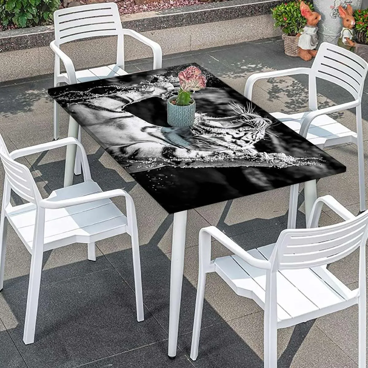 Black and White Elastic Edge Fitted Tablecloth, Animal Activity Eco Photo Rectangle Table Cover for Outdoor Picnic Camping Parties Africa Fits up 5 Foot Tables