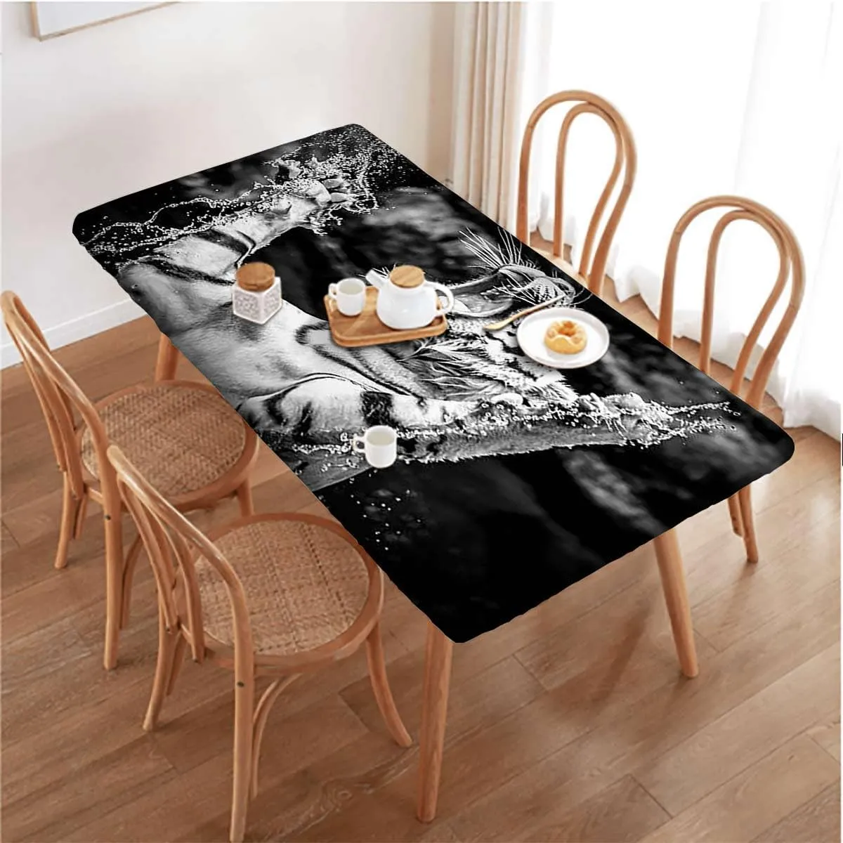 Black and White Elastic Edge Fitted Tablecloth, Animal Activity Eco Photo Rectangle Table Cover for Outdoor Picnic Camping Parties Africa Fits up 5 Foot Tables