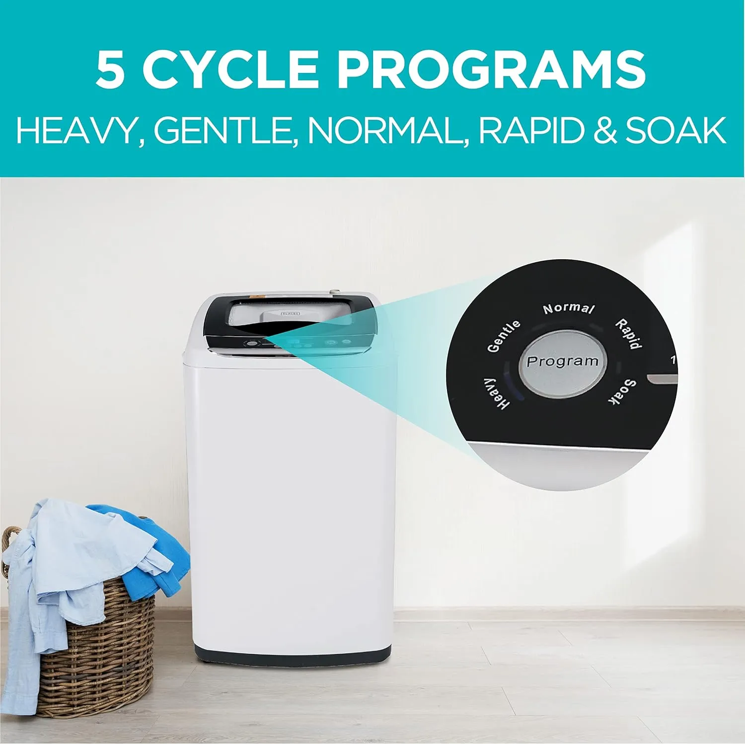 BLACK DECKER 0.9 Cu. Ft. Portable Washer, 6.6 lb. Capacity Washing Machine for Homes & Apartments, 5 Wash Cycles, Quick Connect Sink Adapter and Drain Hose Included, Transparent Lid, BPWM09W, White