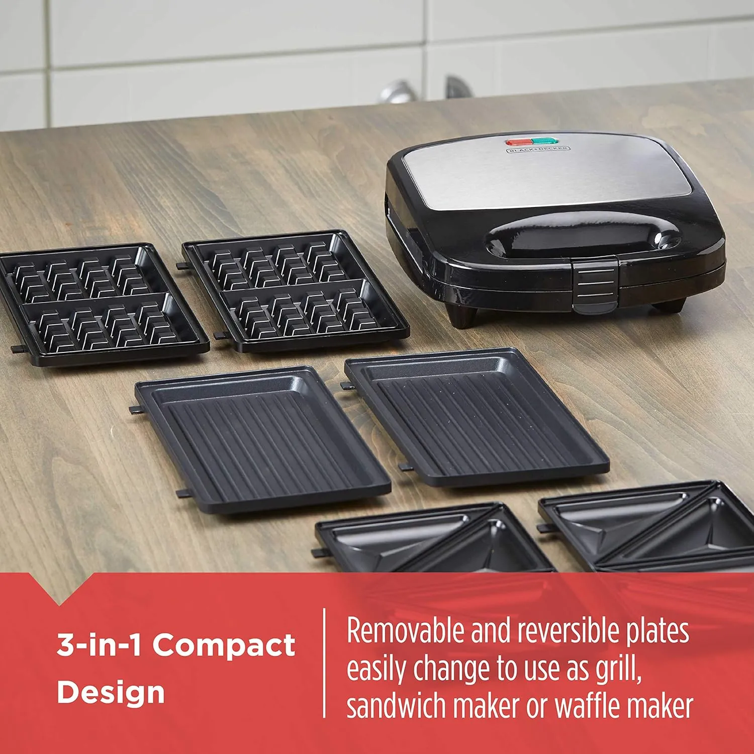 BLACK DECKER 3-in-1 Waffle Iron, WM2000SD, Grill and Sandwich Press, Non-Stick Removable Plates, Space Saving Compact Design