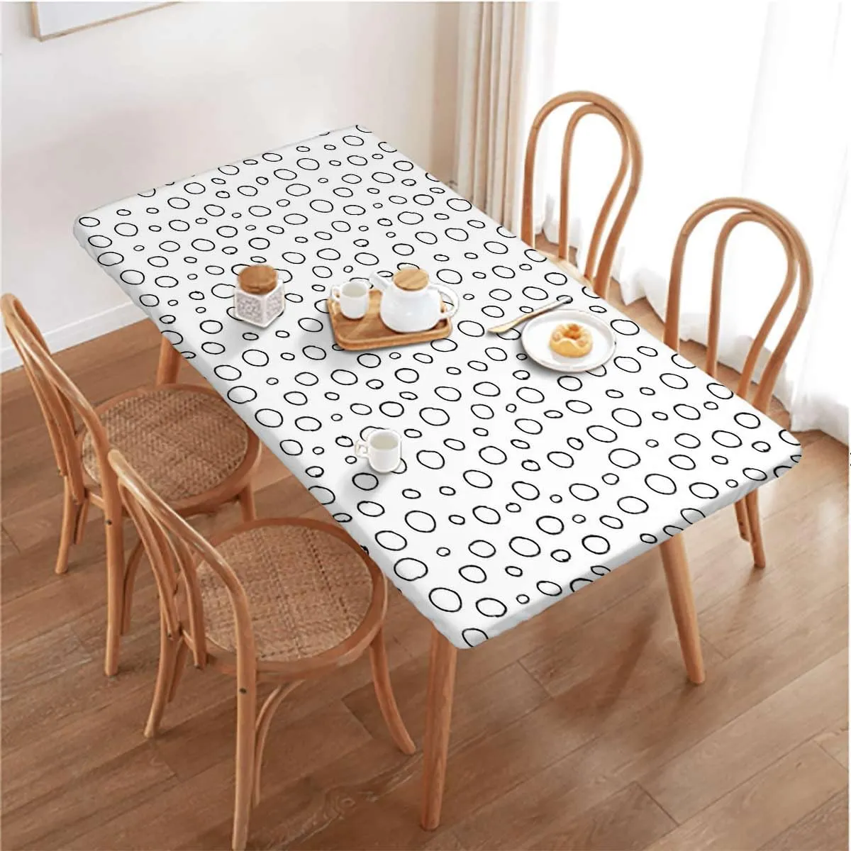 Black White Tablecloth Fitted Rectangle Circles Brush Geometric Circles Picnic Table Tablecloth Covers Set for Picnics Indoor and Outdoor Dining Abstract Fits up 5 Foot Tables