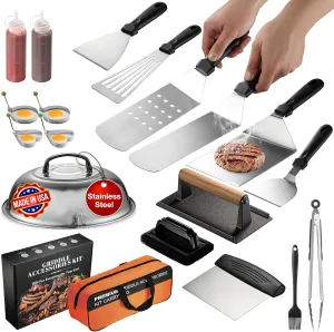 Blackstone Griddle Accessories Kit, Stainless Steel Flat Top Grill Accessories for Outdoor Grill, Blackstone Griddle Tools with Spatula Set, Smash Burger Press Kit, Scraper & Basting Cover & Tong