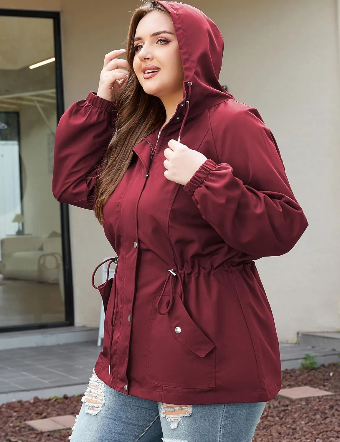 Bloggerlove Women's Rain Jacket Plus Size Lightweight Raincoat with Hood Waterproof Outdoor Windbreaker