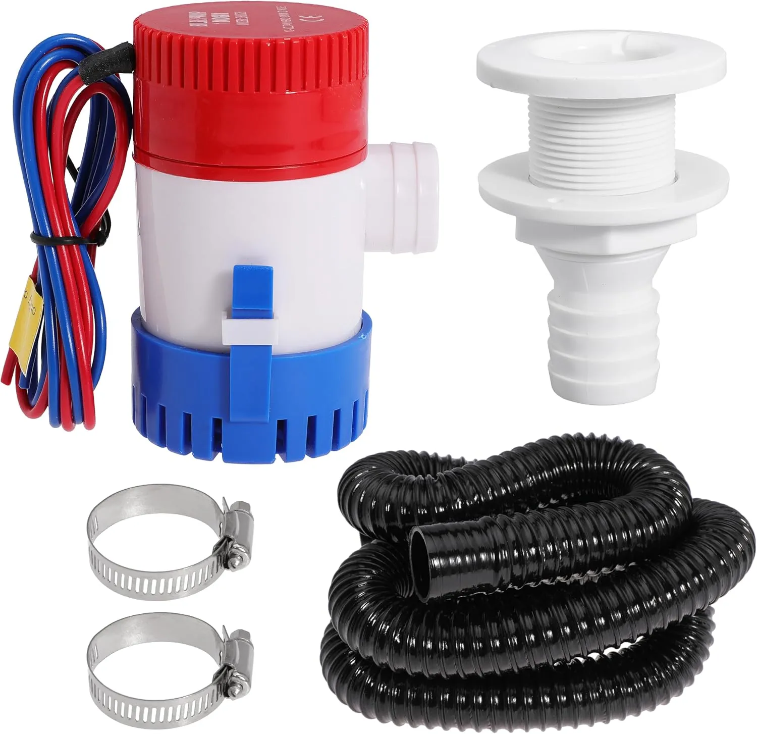 Boat Bilge Plumbing Kit 1-1/8 Inch Dia 12V Non-automatic Bilge Pump kit 1100 GPH with 6FT PVC Bilge Pump Hose (Straight Elbow)