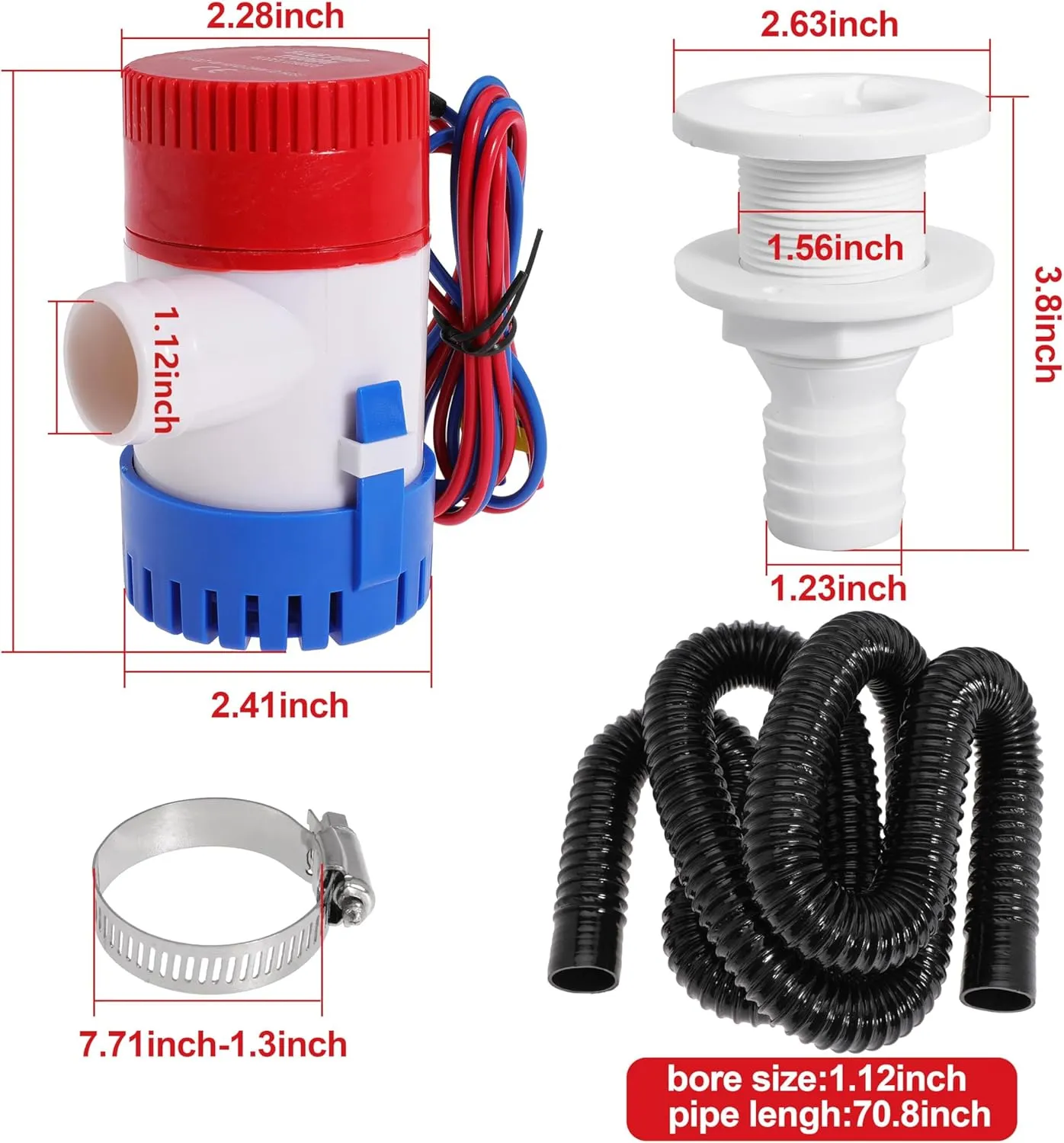 Boat Bilge Plumbing Kit 1-1/8 Inch Dia 12V Non-automatic Bilge Pump kit 1100 GPH with 6FT PVC Bilge Pump Hose (Straight Elbow)