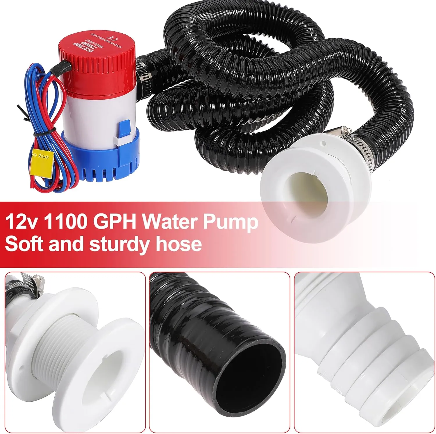 Boat Bilge Plumbing Kit 1-1/8 Inch Dia 12V Non-automatic Bilge Pump kit 1100 GPH with 6FT PVC Bilge Pump Hose (Straight Elbow)