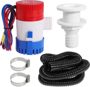 Boat Bilge Plumbing Kit 1-1/8 Inch Dia 12V Non-automatic Bilge Pump kit 1100 GPH with 6FT PVC Bilge Pump Hose (Straight Elbow)