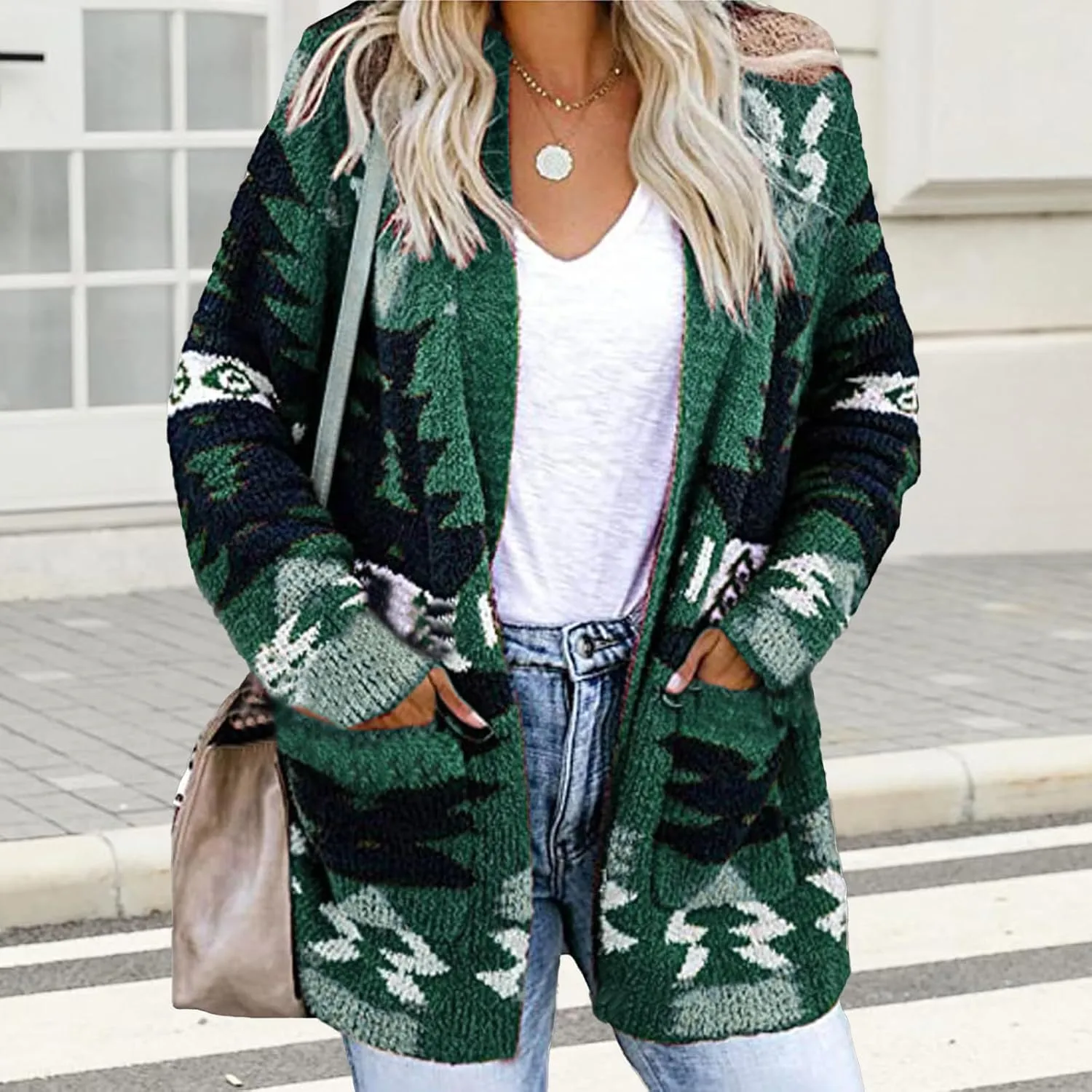 Boho Cardigan Sweatshirts for Womens Fall Aztec Print Open Front Sweater Casual Loose Long Sleeve Cardigans