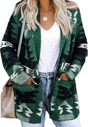 Boho Cardigan Sweatshirts for Womens Fall Aztec Print Open Front Sweater Casual Loose Long Sleeve Cardigans