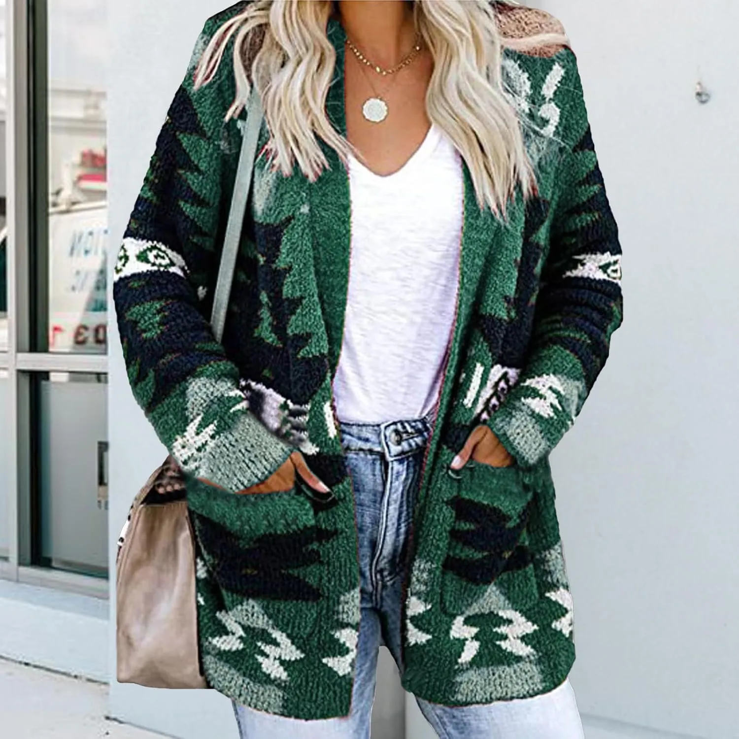 Boho Cardigan Sweatshirts for Womens Fall Aztec Print Open Front Sweater Casual Loose Long Sleeve Cardigans