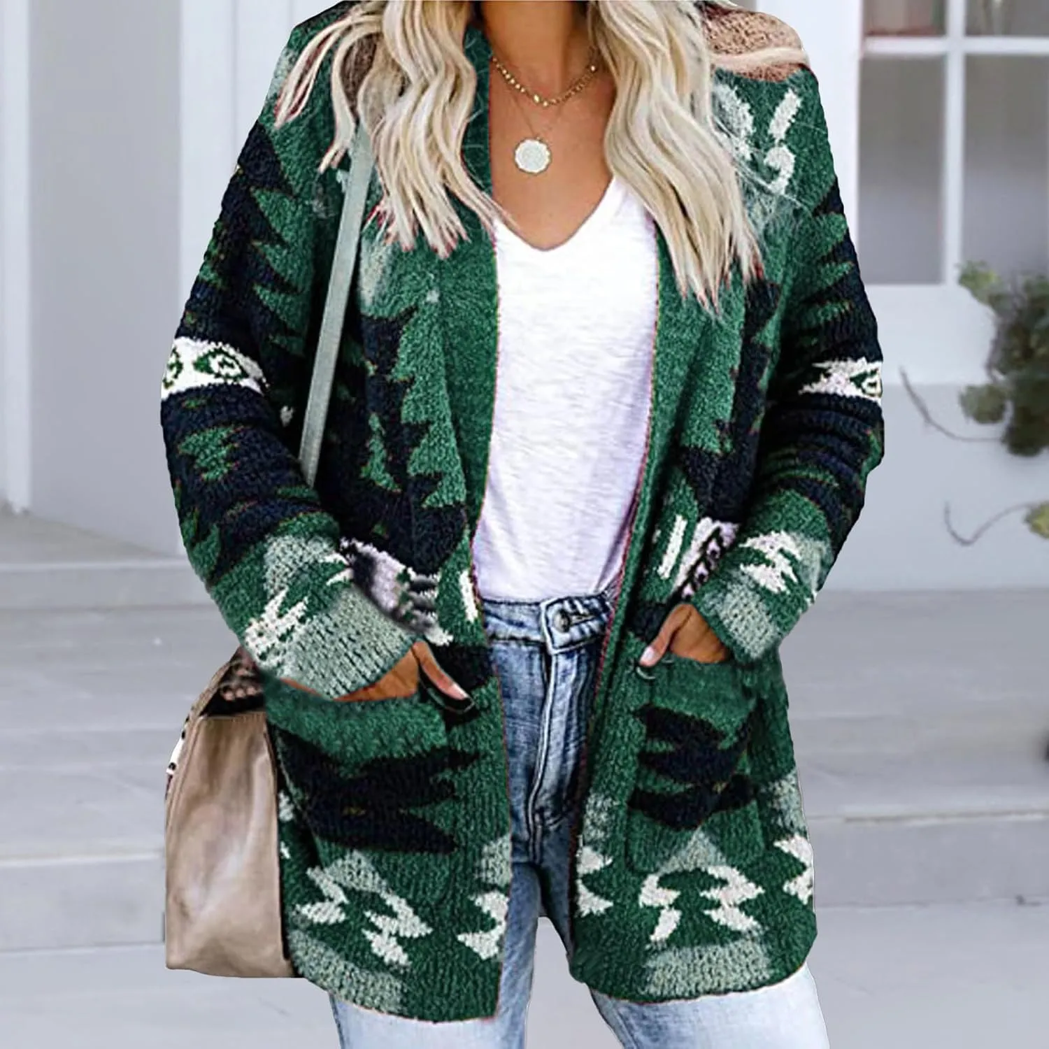 Boho Cardigan Sweatshirts for Womens Fall Aztec Print Open Front Sweater Casual Loose Long Sleeve Cardigans