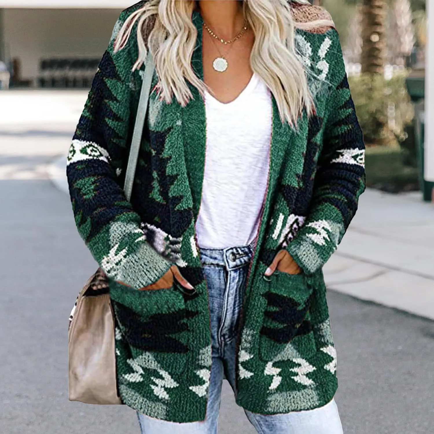 Boho Cardigan Sweatshirts for Womens Fall Aztec Print Open Front Sweater Casual Loose Long Sleeve Cardigans
