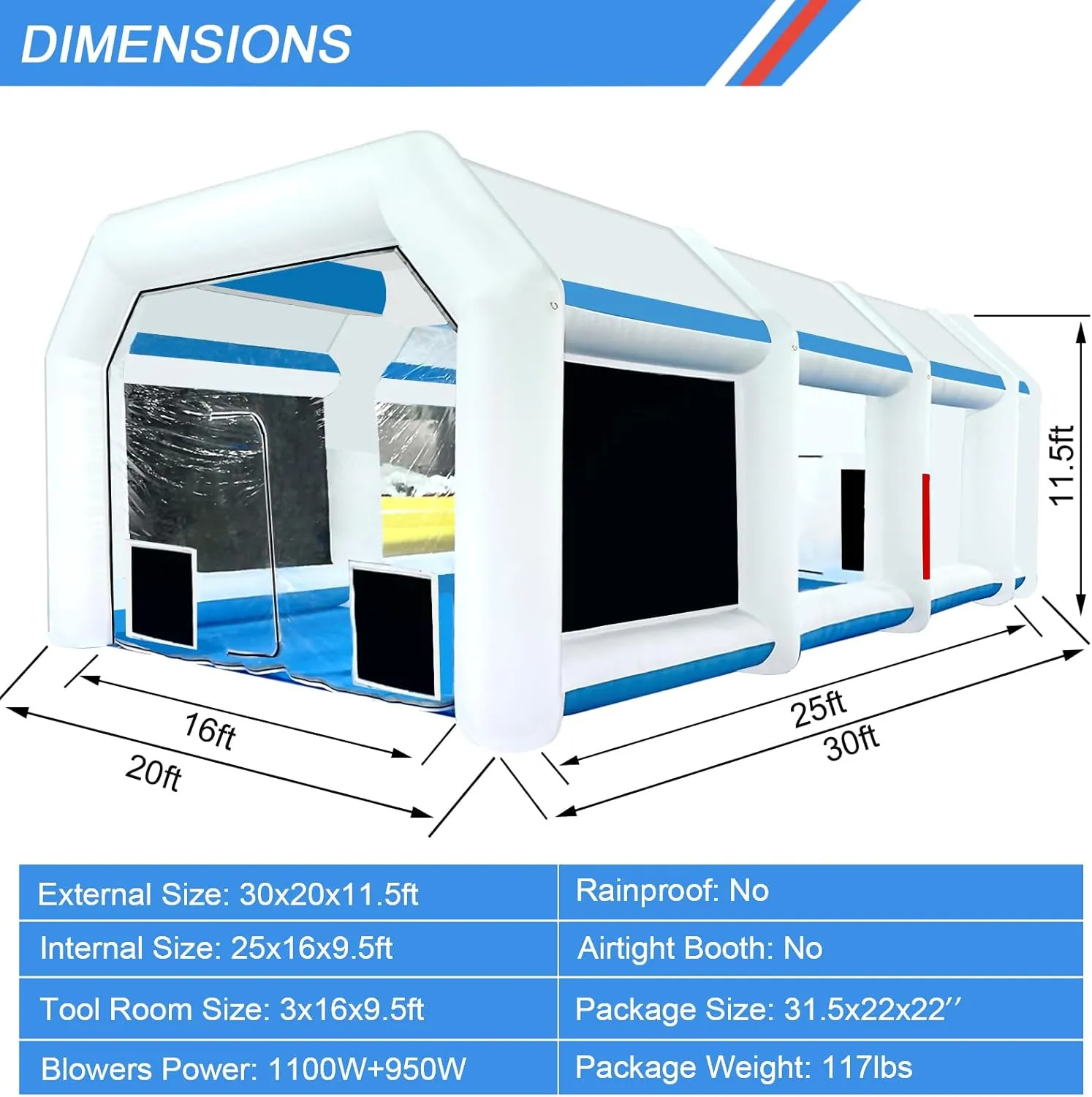 BONOOTH Inflatable Paint Booth 30x20x11.5Ft with 1100W 950W Blowers for Trucks and Other Big Items Painting, Portable Spray Paint Booth with High Efficient Air Exchange System