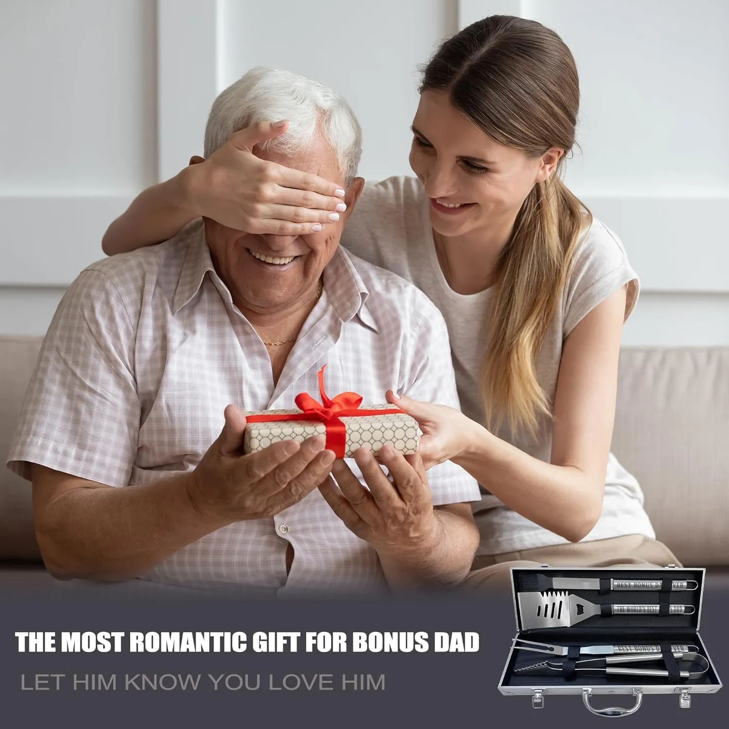 Bonus Dad Gifts, Fathers Day Bonus Dad Gifts for Him Heavy Duty Grilling Accessories Kit for Backyard BBQ, Thick Stainless Steel Grill Utensils with Non-Slip Handle Tool for Man on Birthday