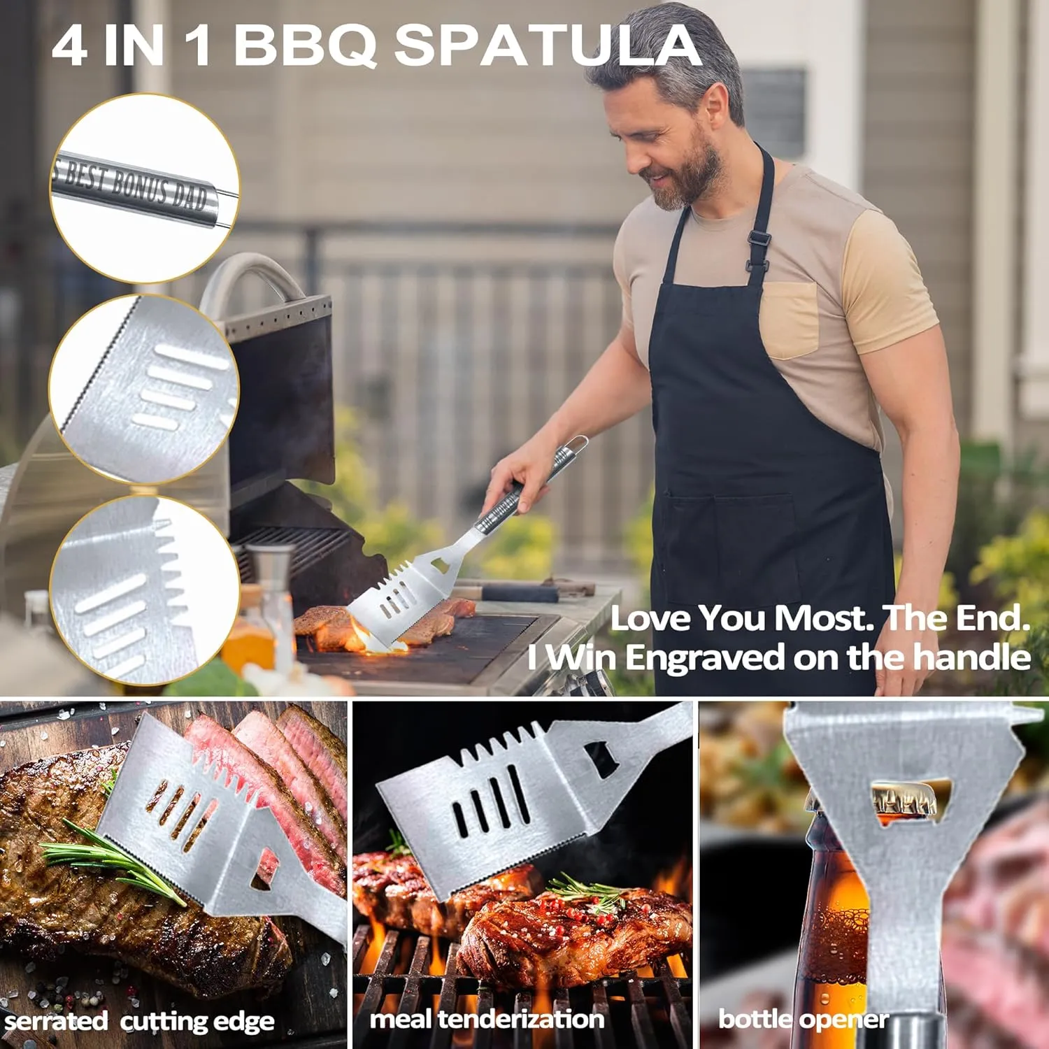 Bonus Dad Gifts, Fathers Day Bonus Dad Gifts for Him Heavy Duty Grilling Accessories Kit for Backyard BBQ, Thick Stainless Steel Grill Utensils with Non-Slip Handle Tool for Man on Birthday