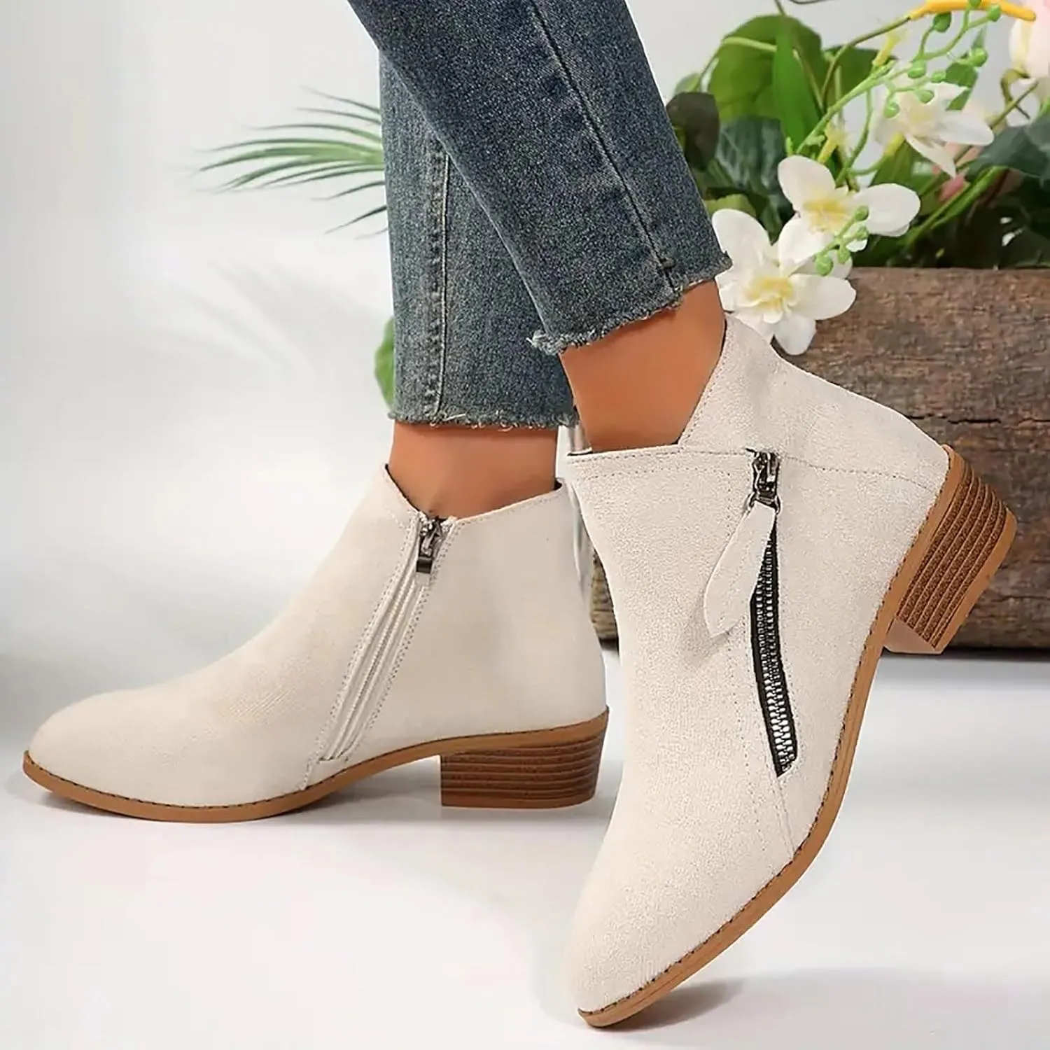 Boots for Women Ankle Booties Womens Boots Ankle Casual Comfy Side Zipper Boots Low Heel Walking Short Shoes