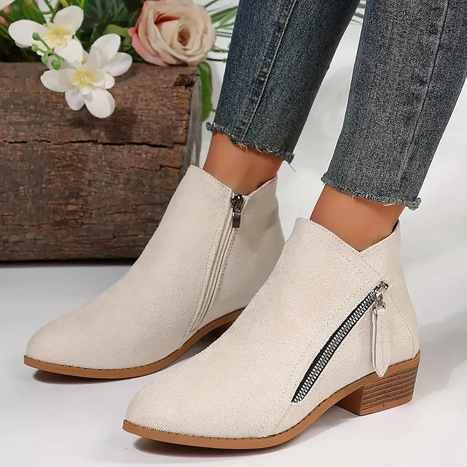 Boots for Women Ankle Booties Womens Boots Ankle Casual Comfy Side Zipper Boots Low Heel Walking Short Shoes