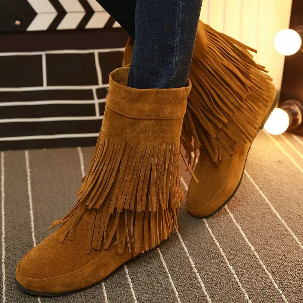BORAMAX Womens Faux Suede 2 Layer Tassel Fringe Ankle Boots Flat Mid Calf Boots Wide Calf Black Boots For Women