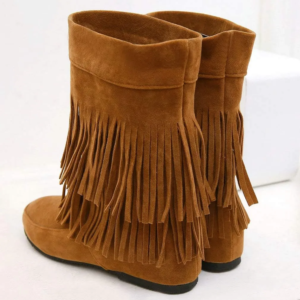 BORAMAX Womens Faux Suede 2 Layer Tassel Fringe Ankle Boots Flat Mid Calf Boots Wide Calf Black Boots For Women