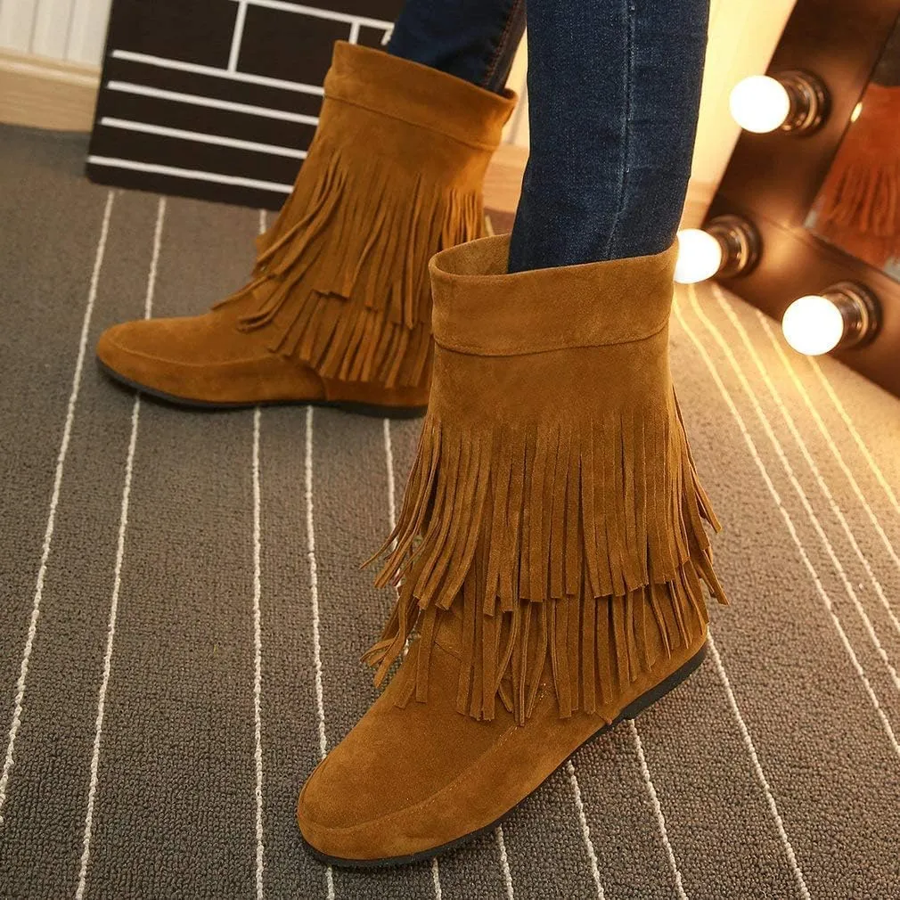 BORAMAX Womens Faux Suede 2 Layer Tassel Fringe Ankle Boots Flat Mid Calf Boots Wide Calf Black Boots For Women